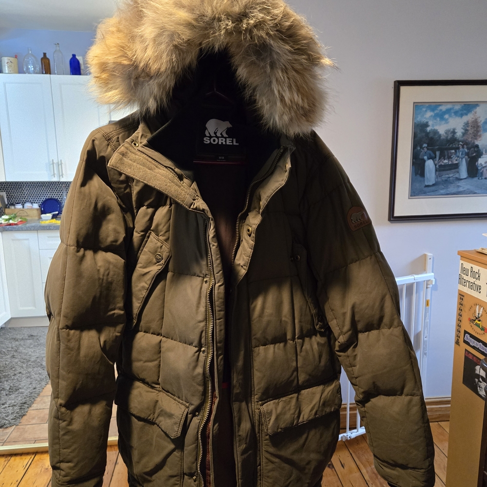 Sorel Olive Green Parka with Fur Hood, 800 Fill Goose Down